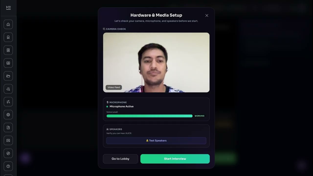 ProfilEd Socratic AI Interviews: check camera and microphone, then start a live practice interview.