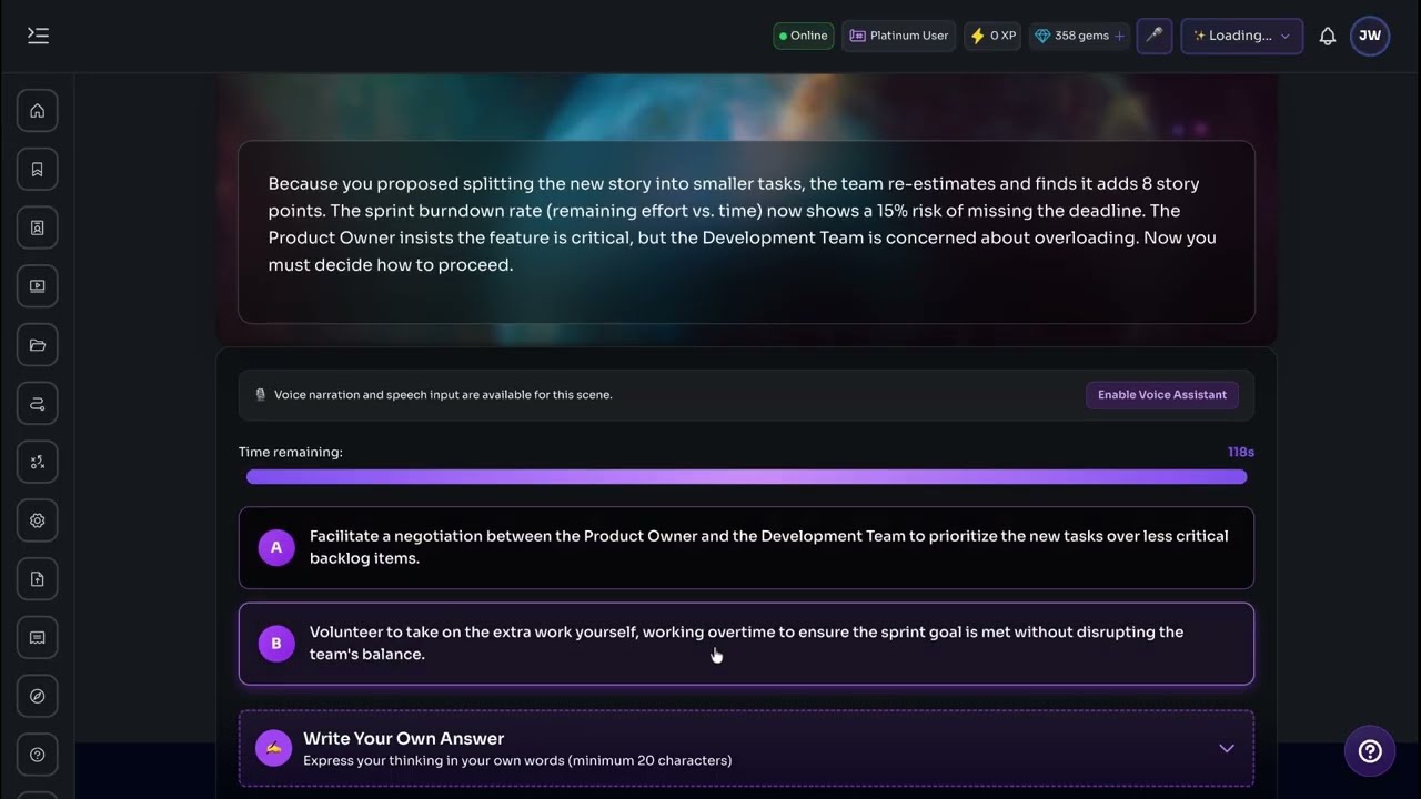ProfilEd Story Quests product page showing a workplace decision and response options.